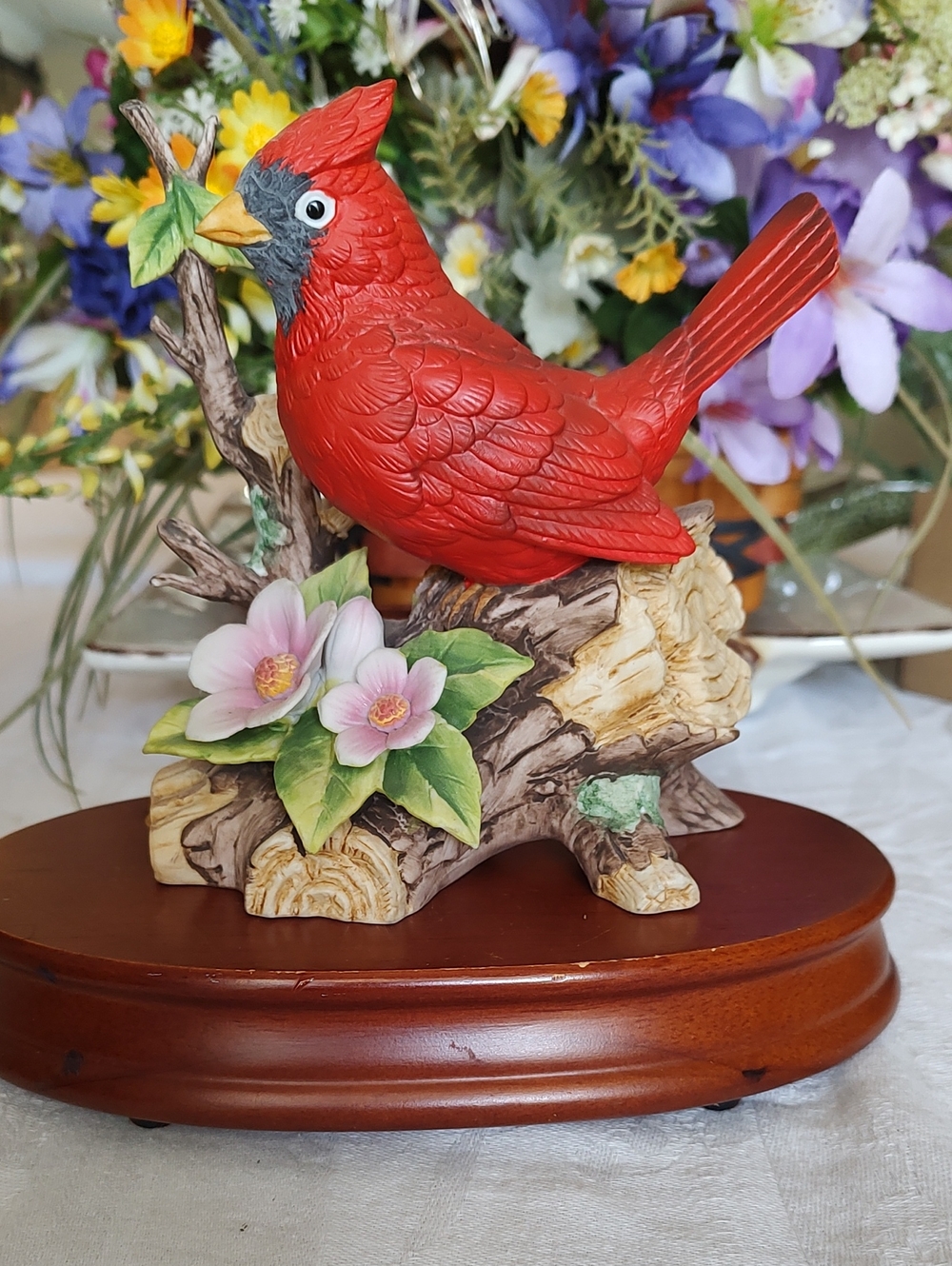 Lefton Red Cardinal Figurine with Pink Flowers